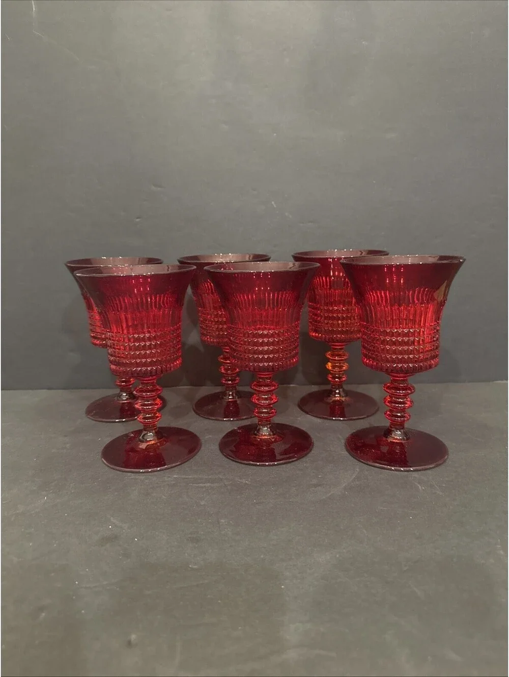 Vtg Fenton Art Glass (6) Lincoln Inn Ruby Red Wine/Water Goblet Set 1930’s
